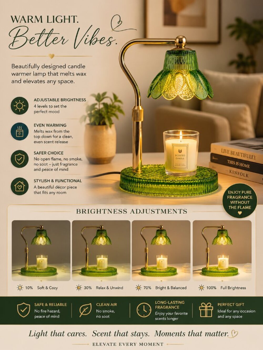 Green & Gold Candle Warmer Lamp Adjustable Brightness Vintage Floral Glass Home
